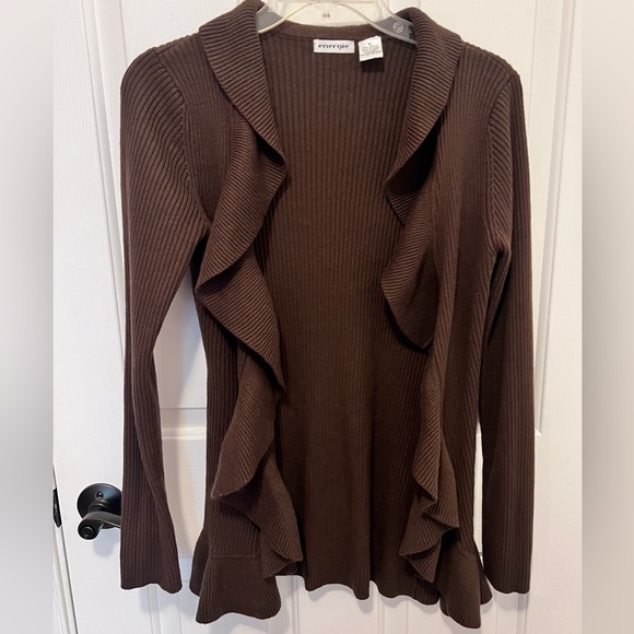 Energie Sweaters - Energie Chocolate Ruffled Cardigan